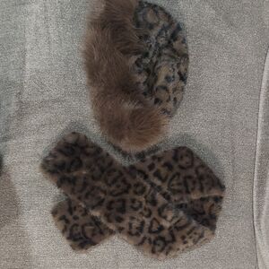 Leopard Print Faux Fur Scarf and Hat Set